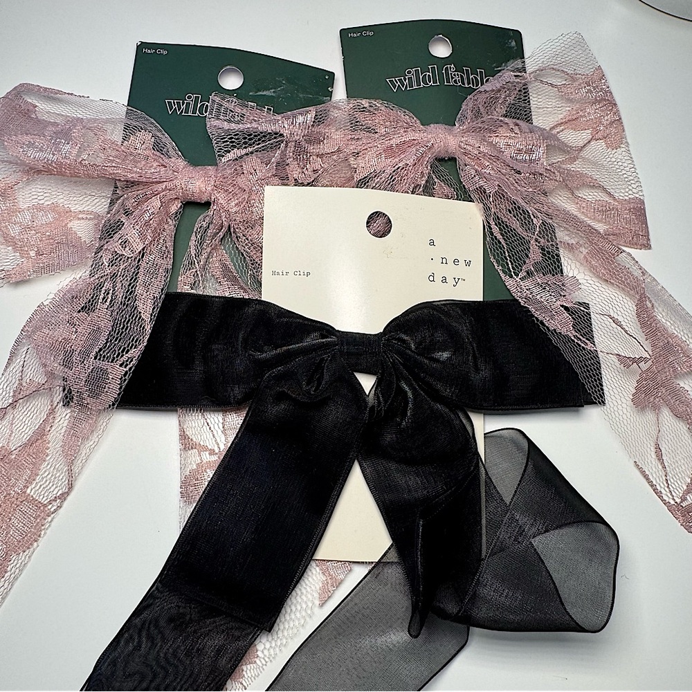 Set of 3 Hair Bows - Pink Lace, Pink Lace, and Black Velvet